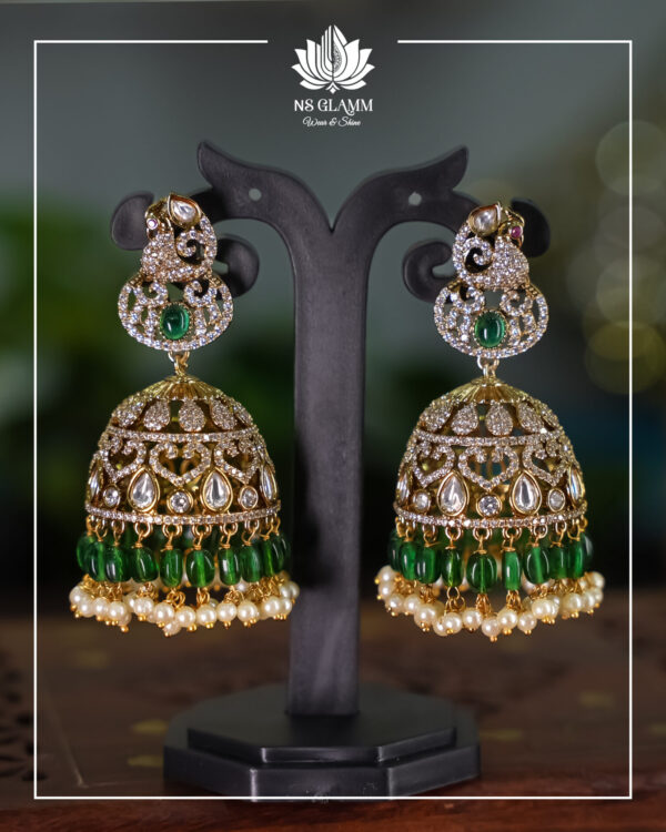 Big Jhumka - Victorian Peacock - AD With Moissanite Stone, Kundan Polki & Monalisa Beads With Pearl Drops